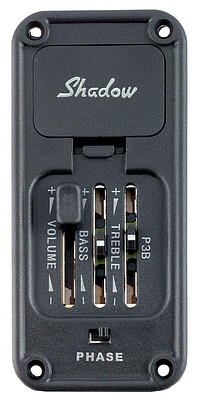 2-Band EQ mit aktivem Nanoflex Pickup und Reglern für Volume Bass und Treble. Phasenschalter. Inkl. Endpinbuchse. Shadow P3B NFX Preamp